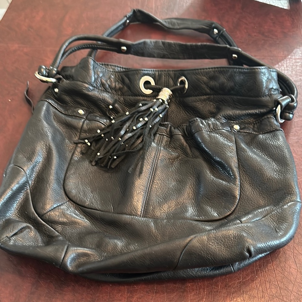 BMakowsky Black Leather Bag with Slouchy Design and Silver Accents